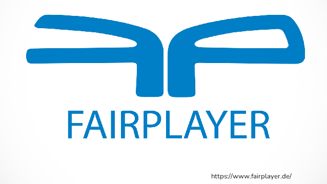Das Logo zeigt ein blaues F und ein blaues P mit dem Schriftzug Fairplayer