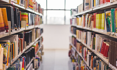 Zwei Reihen Bücher in einer Bibliothek