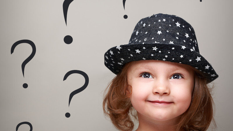 Mädchen mit Hut umgeben von Fragezeichen